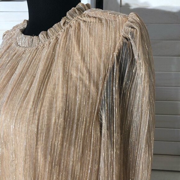 Joie Shimmer Blouse Smocked Waist Long Sleeve Chiffon Silver Gold Metallic Sz L - Picture 9 of 12